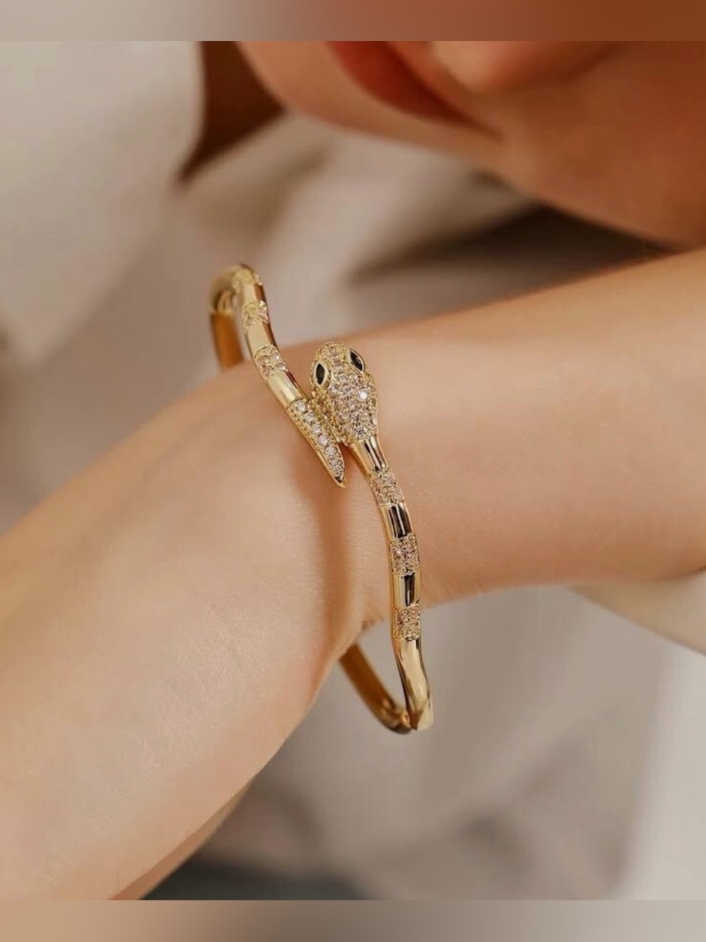 Gold Snake Bangle Bracelet with Green Stone Eyes